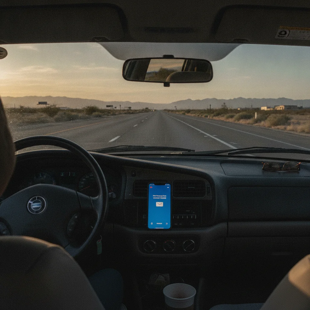 View from driver's seat of a car on highway with glowing smartphone on passenger seat