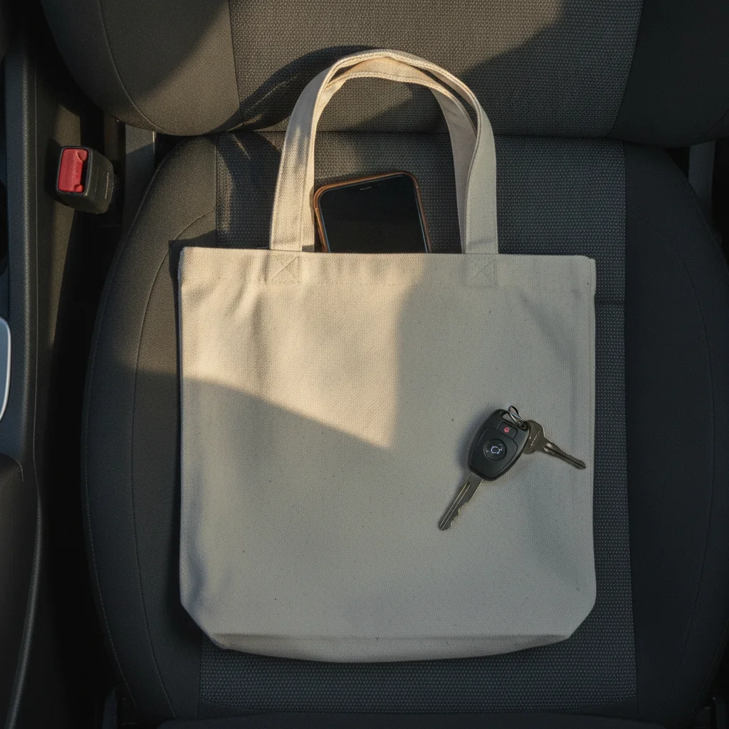 Smartphone placed face-down in a bag on a car seat beside keys, out of reach