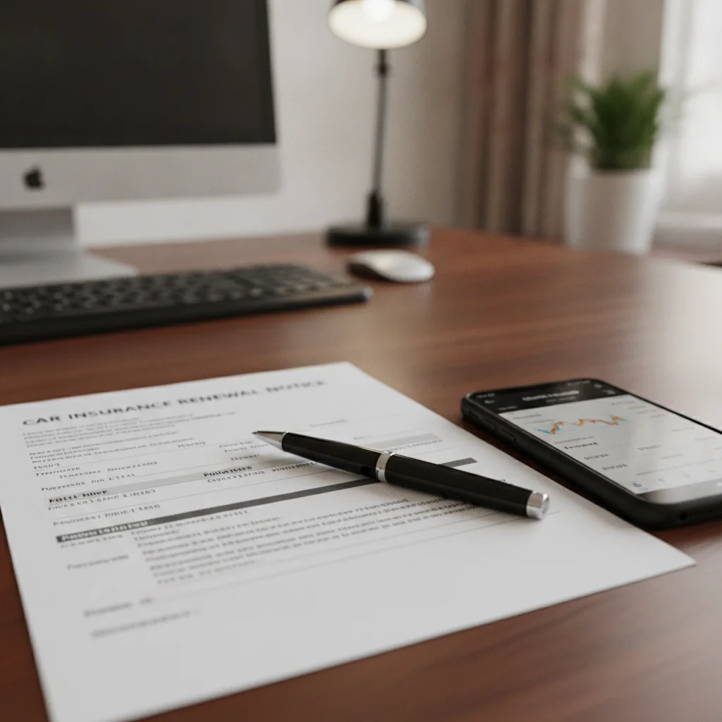 Auto insurance renewal paperwork on desk beside a smartphone, representing financial consequences of phone use while driving
