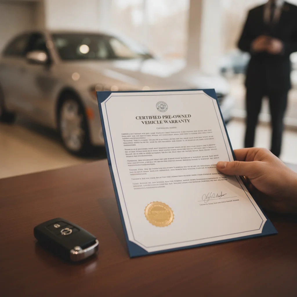 Hand holding a CPO warranty certificate next to a car key fob on a dealership desk