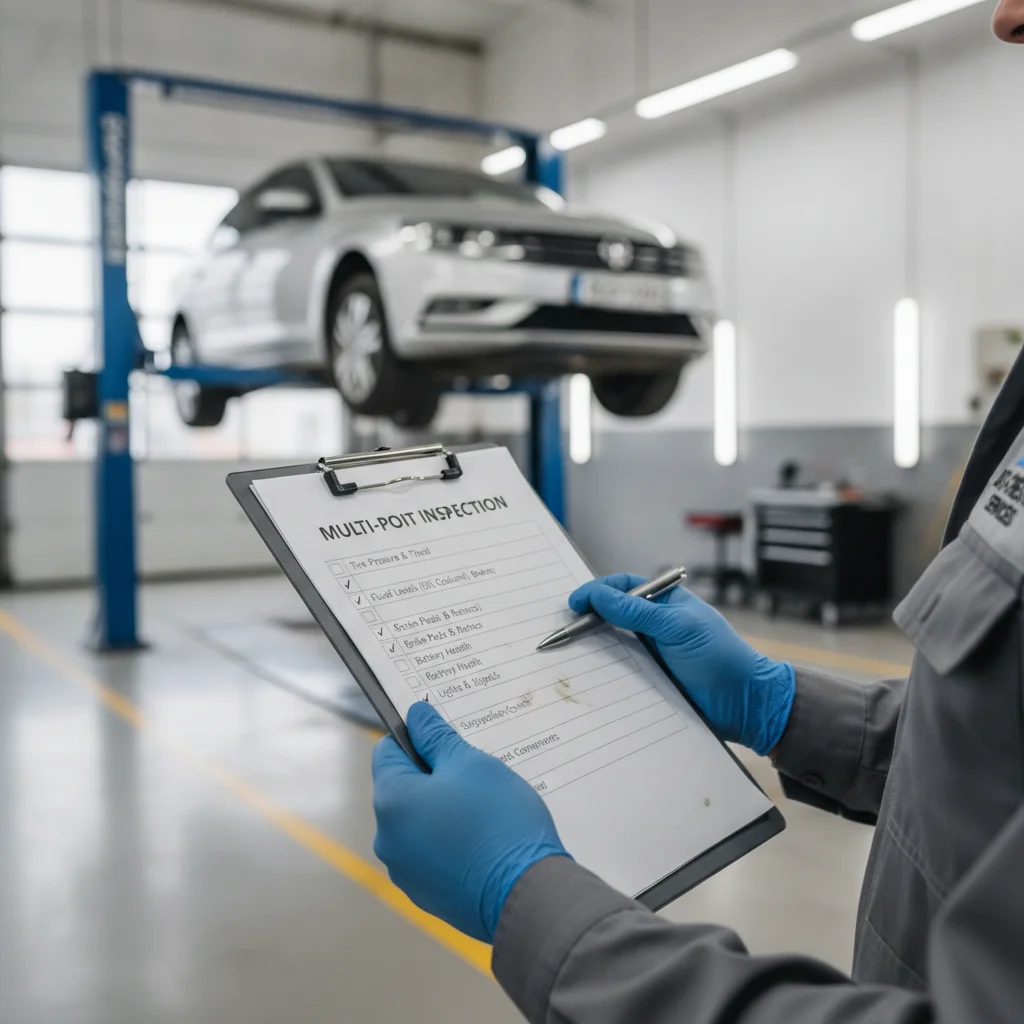 Automotive technician holding a multi-point inspection checklist in a dealership service bay