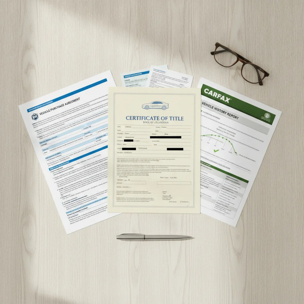 Collection of vehicle purchase documents including title, purchase agreement and history report laid flat on a wooden surface