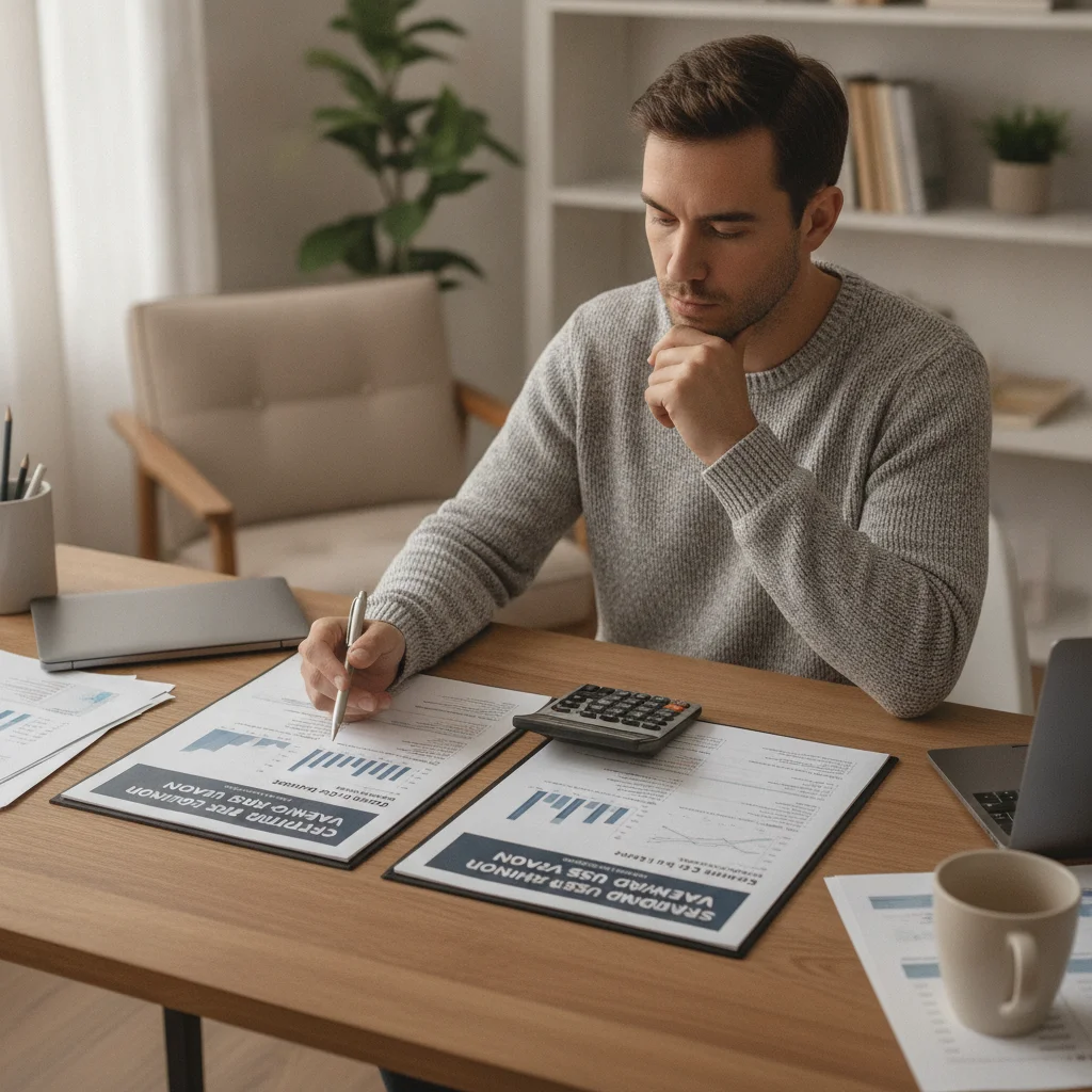 Person comparing CPO valuation report and standard used car valuation side by side at a desk