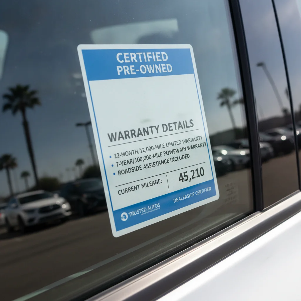 Close-up of a certified pre-owned vehicle window sticker showing warranty coverage and mileage information