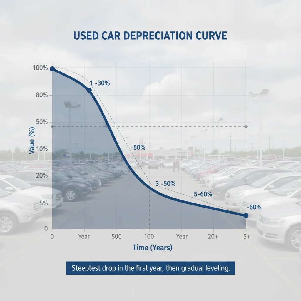 A depreciation curve graph showing steep early value loss that levels off over five to seven years