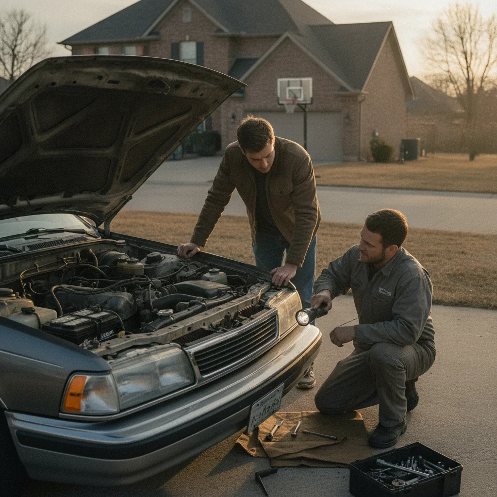 A buyer or mechanic inspecting the engine bay of a private-party used car in a residential driveway