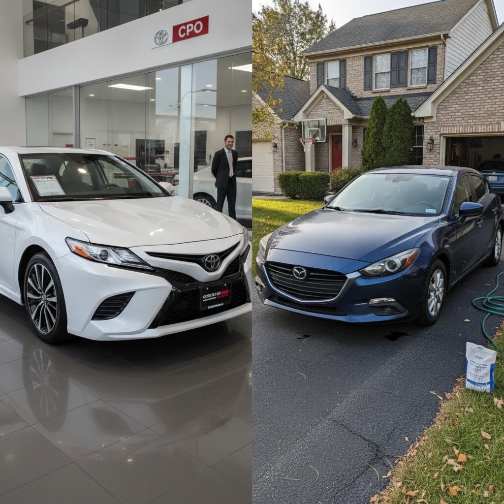 A CPO car at a dealership alongside a private-party used car in a suburban driveway showing the age and setting contrast
