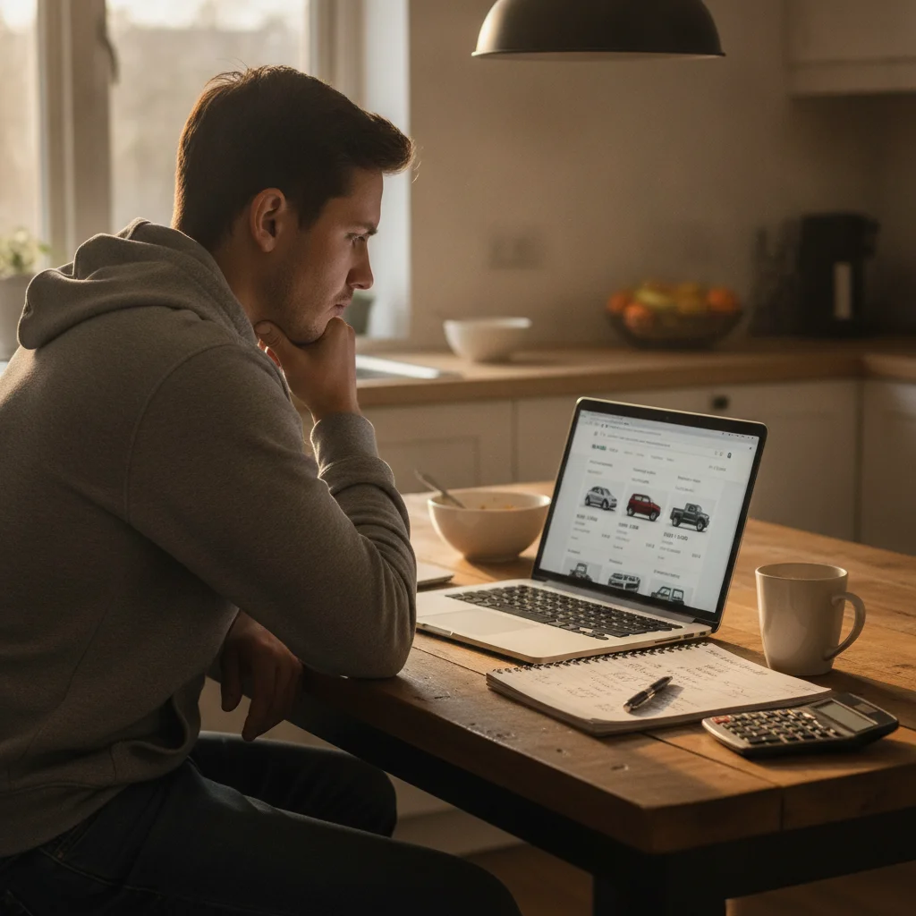 A car buyer researching CPO and private-party listings at a kitchen table with a laptop and handwritten notes