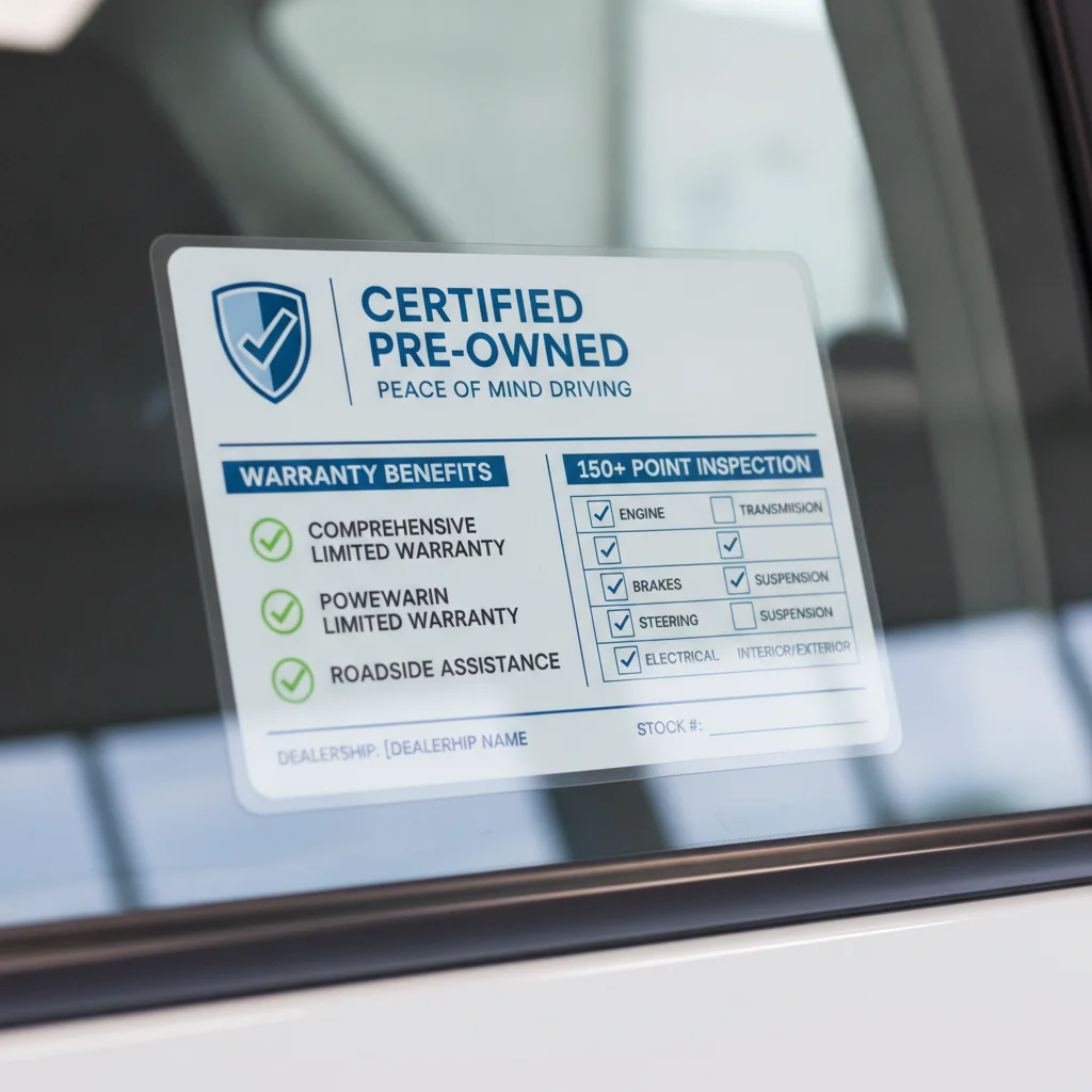 Close-up of a certified pre-owned window sticker listing inspection checkpoints and warranty terms
