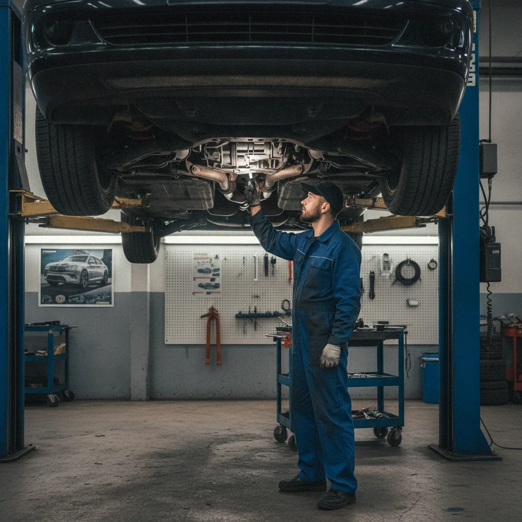Mechanic performing a pre-purchase inspection on a used car raised on a lift in an auto shop