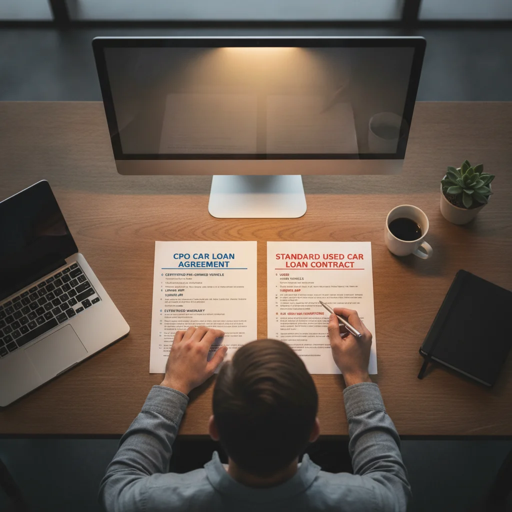 Person comparing CPO and standard used car loan documents side by side at a desk
