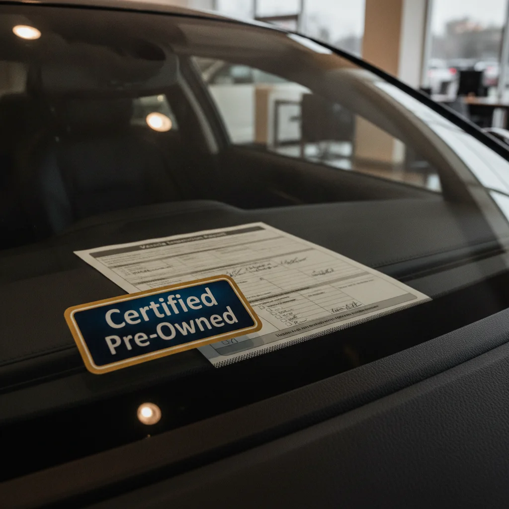 Certified pre-owned sticker on a car windshield with inspection paperwork visible inside
