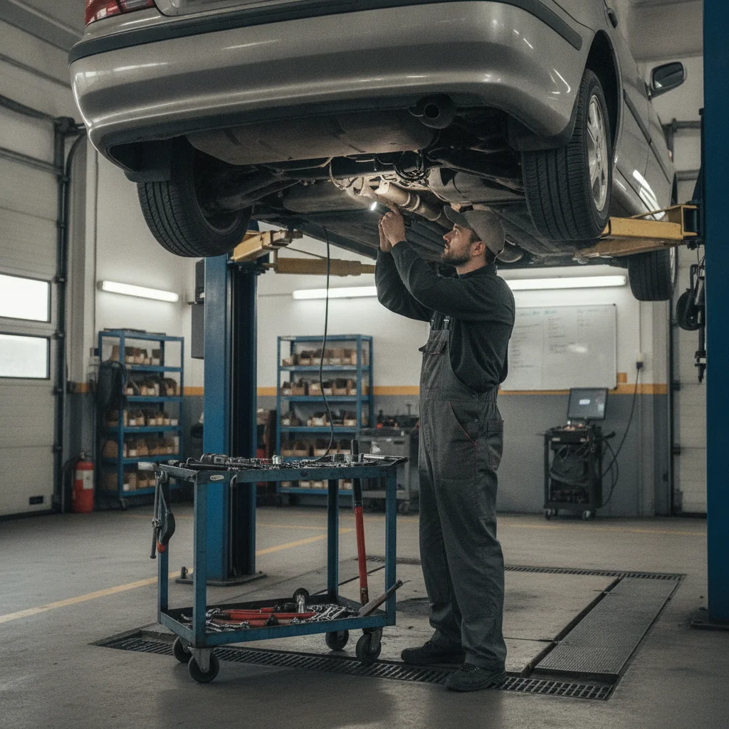 Mechanic performing a detailed inspection of a vehicle's undercarriage in a dealership service bay