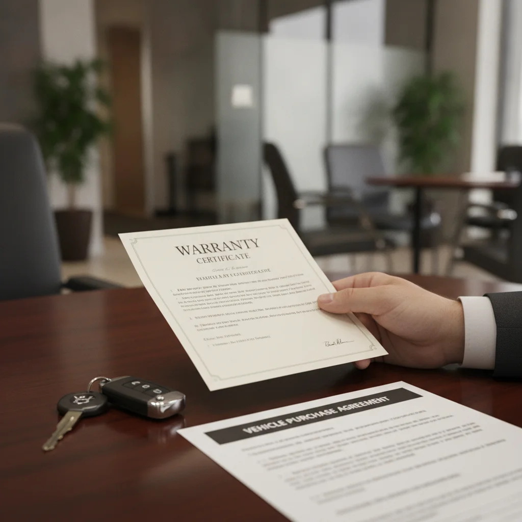 CPO warranty certificate and car keys placed on a dealership desk alongside purchase paperwork