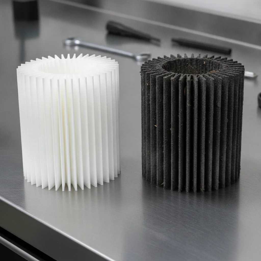 New white engine air filter placed next to a dirty dark gray used engine air filter for visual comparison