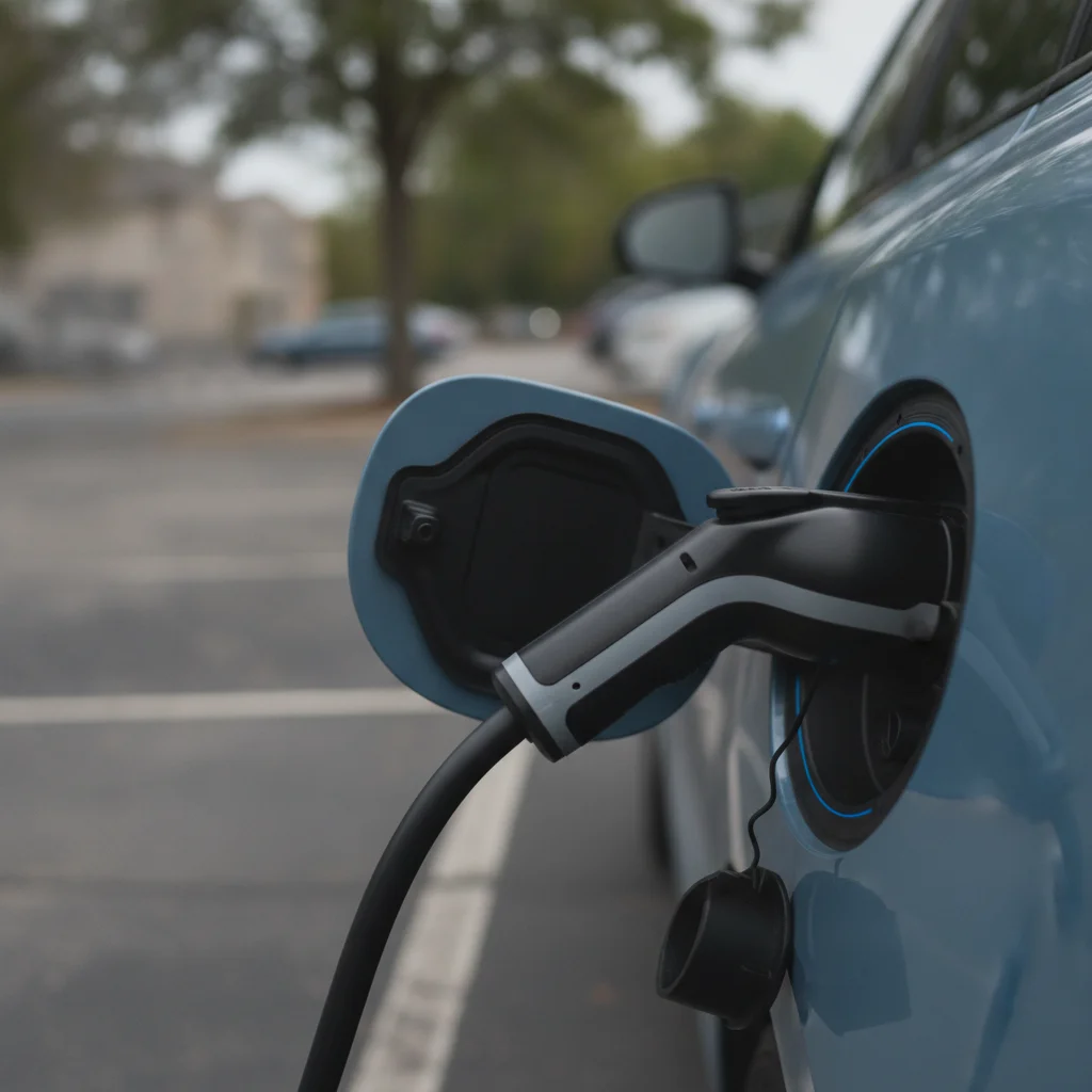 A Level 2 J1772 charging connector plugged into an electric vehicle in a suburban parking lot.
