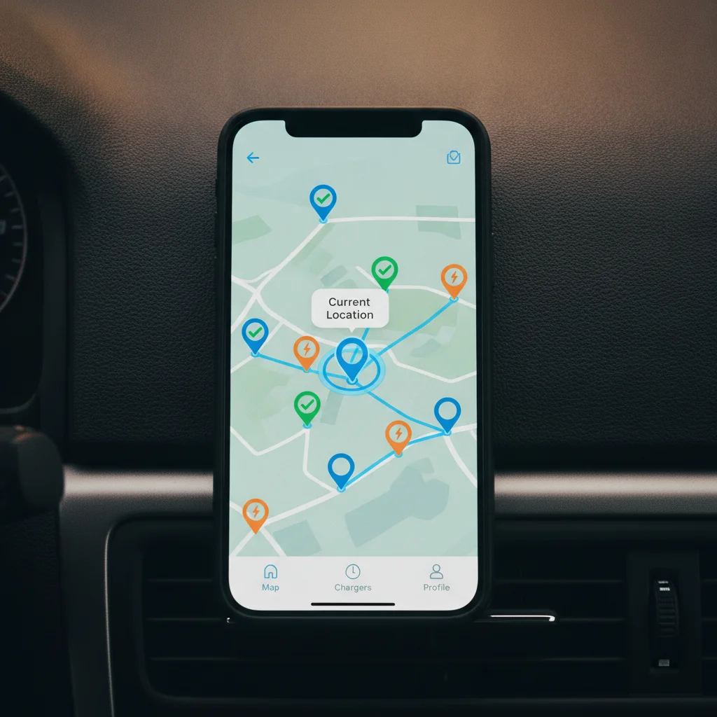 A smartphone displaying an EV charging network map app with multiple station location pins on a car dashboard.