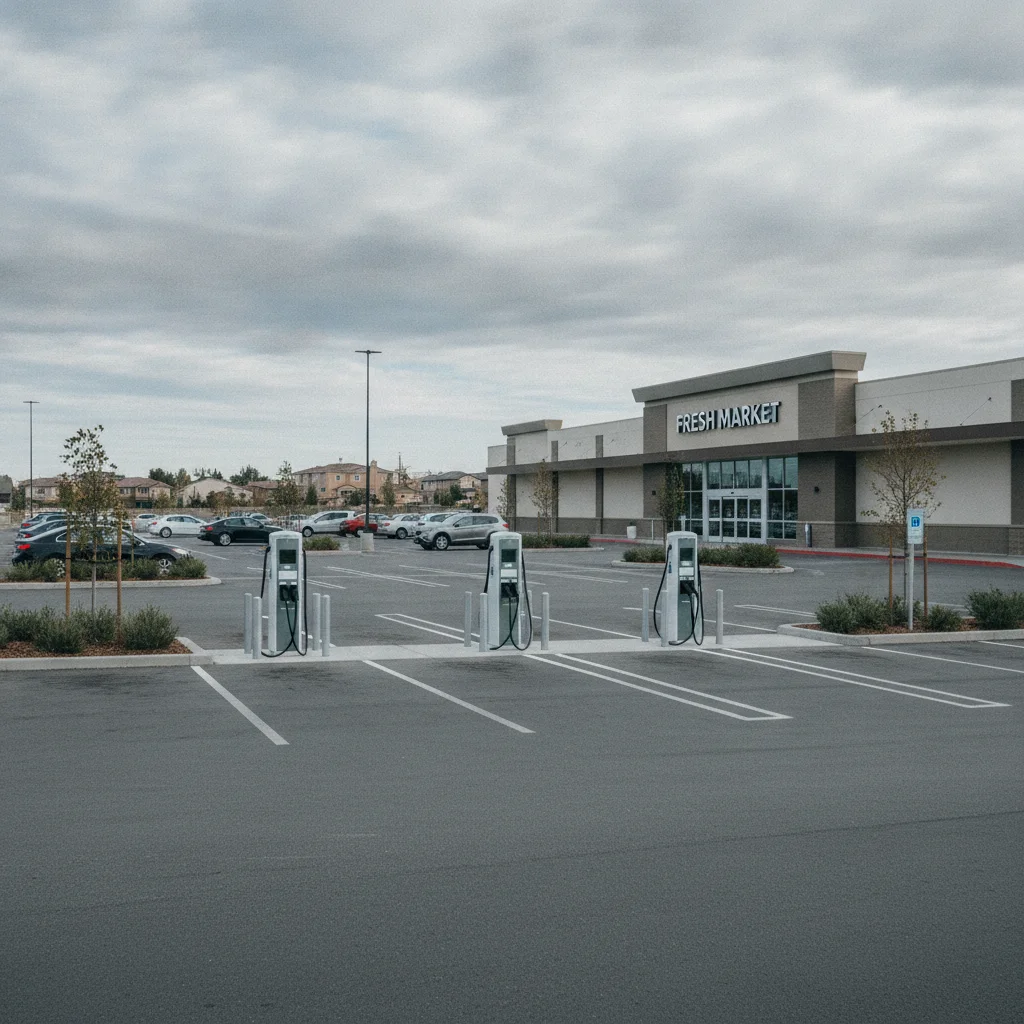 EV charging stations installed in a grocery store parking lot near the store entrance under overcast skies.