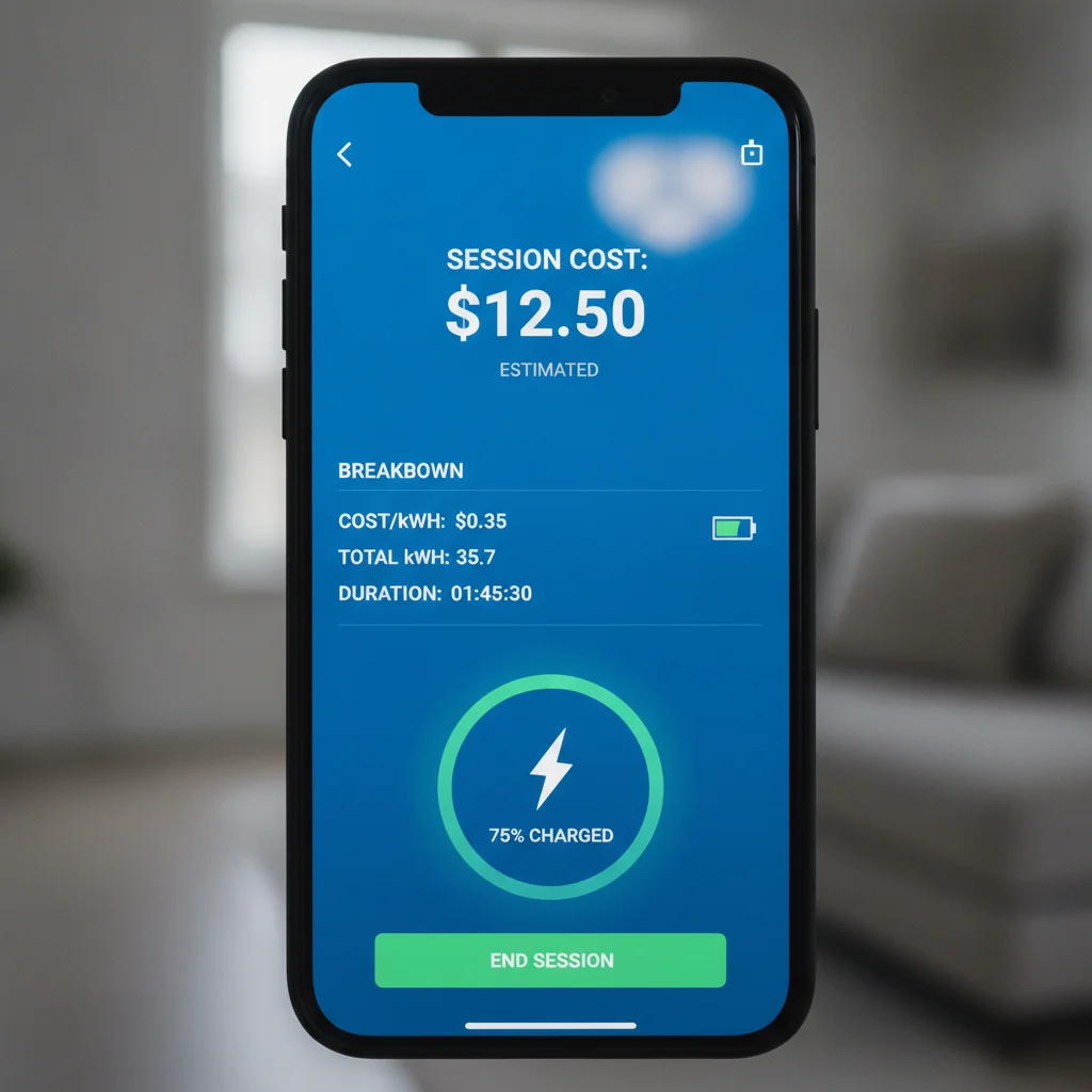 Smartphone screen showing EV charging session cost breakdown with kWh and price data