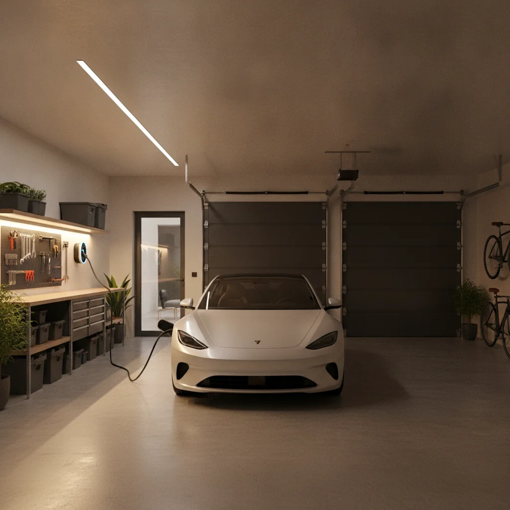 Electric vehicle charging on a Level 2 home charger inside a residential garage at night