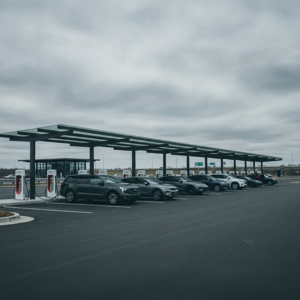 Multiple electric vehicles plugged in at a row of DC fast chargers at a highway rest stop