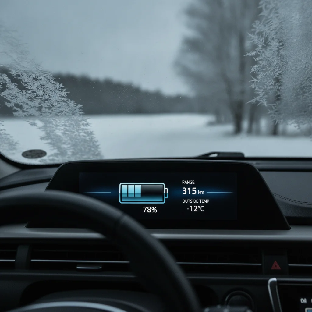 EV dashboard showing reduced range estimate in cold winter weather with frost on windshield