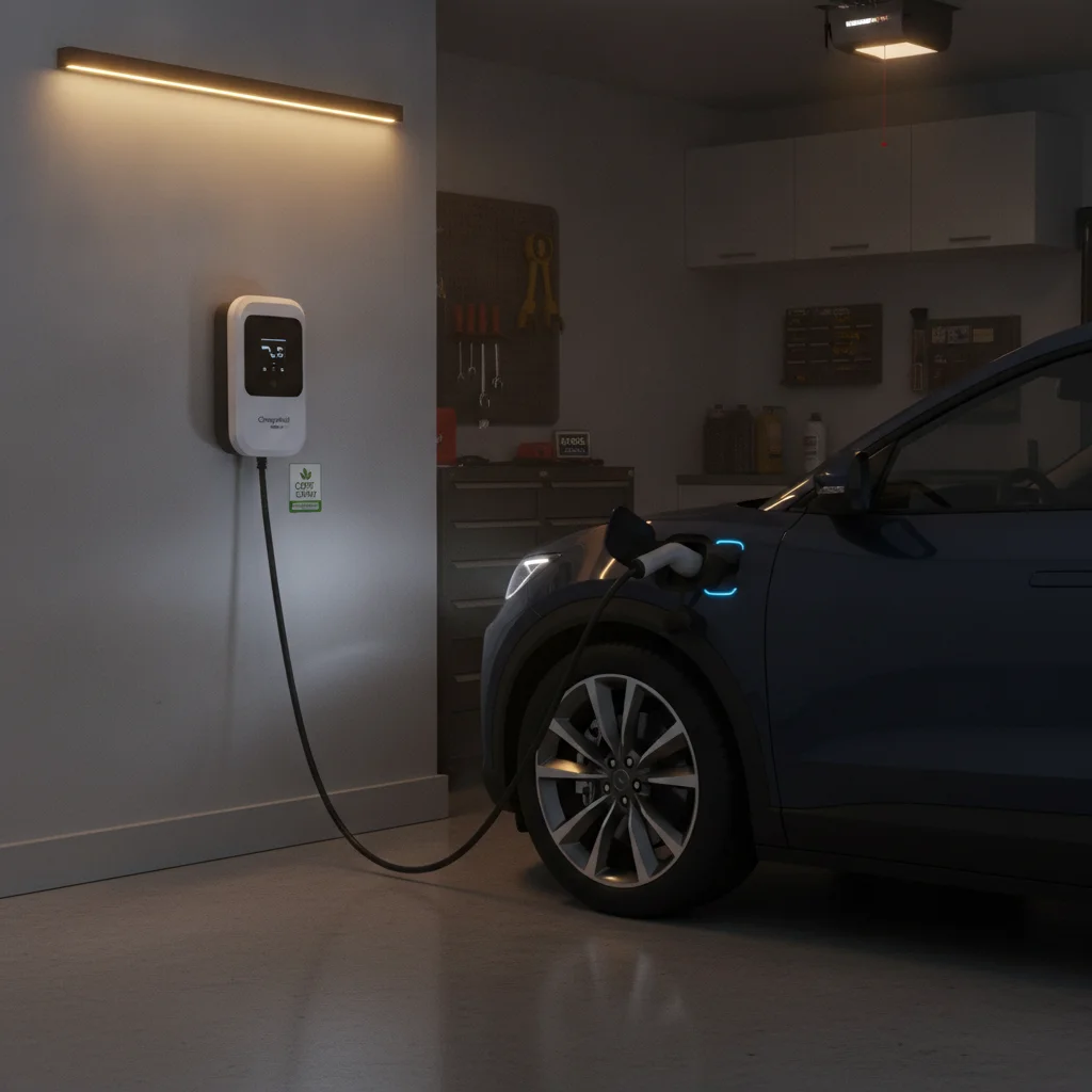 Level 2 home EV charger mounted on garage wall with electric vehicle plugged in overnight.