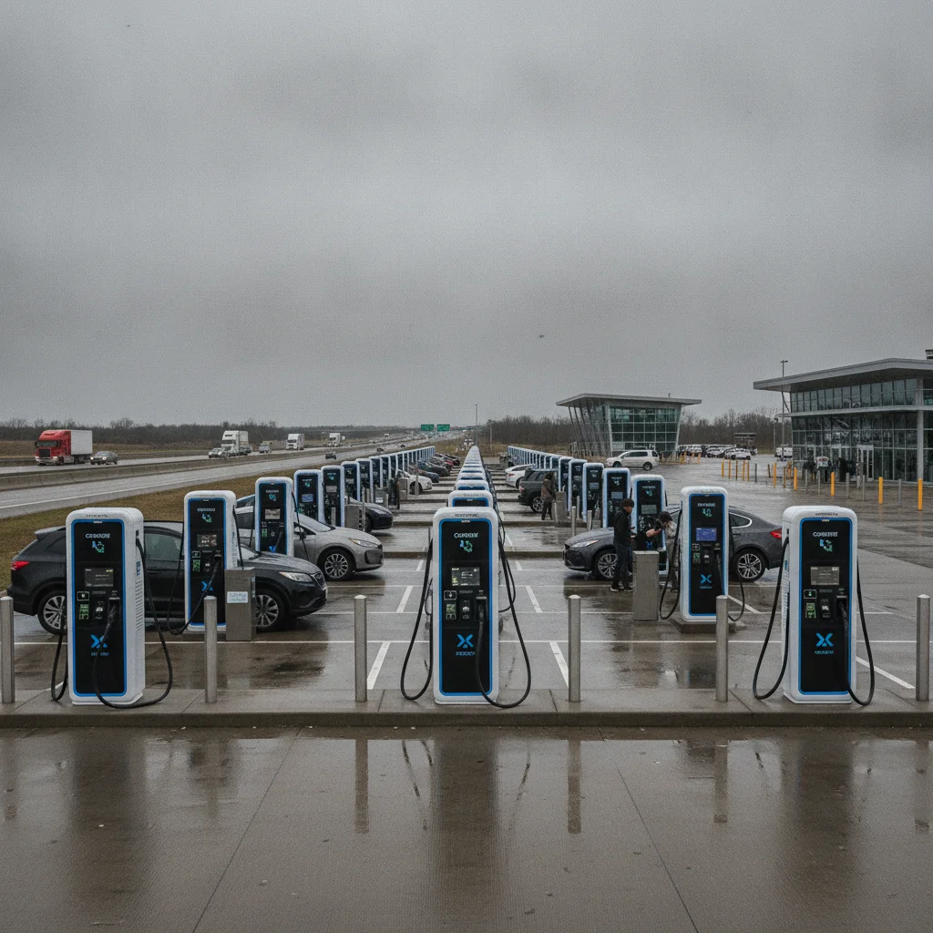 Row of DC fast charging stations at a highway rest stop with multiple electric vehicles plugged in.