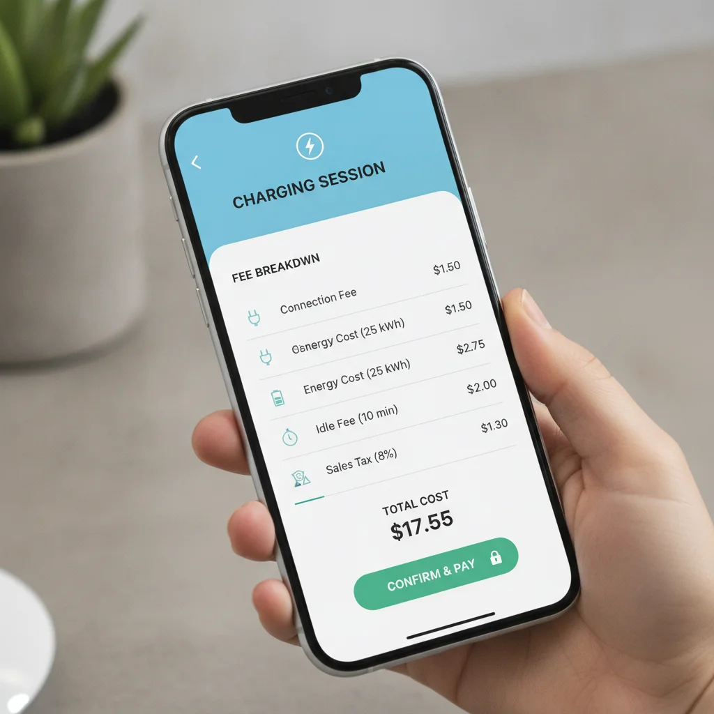 Smartphone screen showing EV charging app with itemized session fees including connection fee and idle fee.