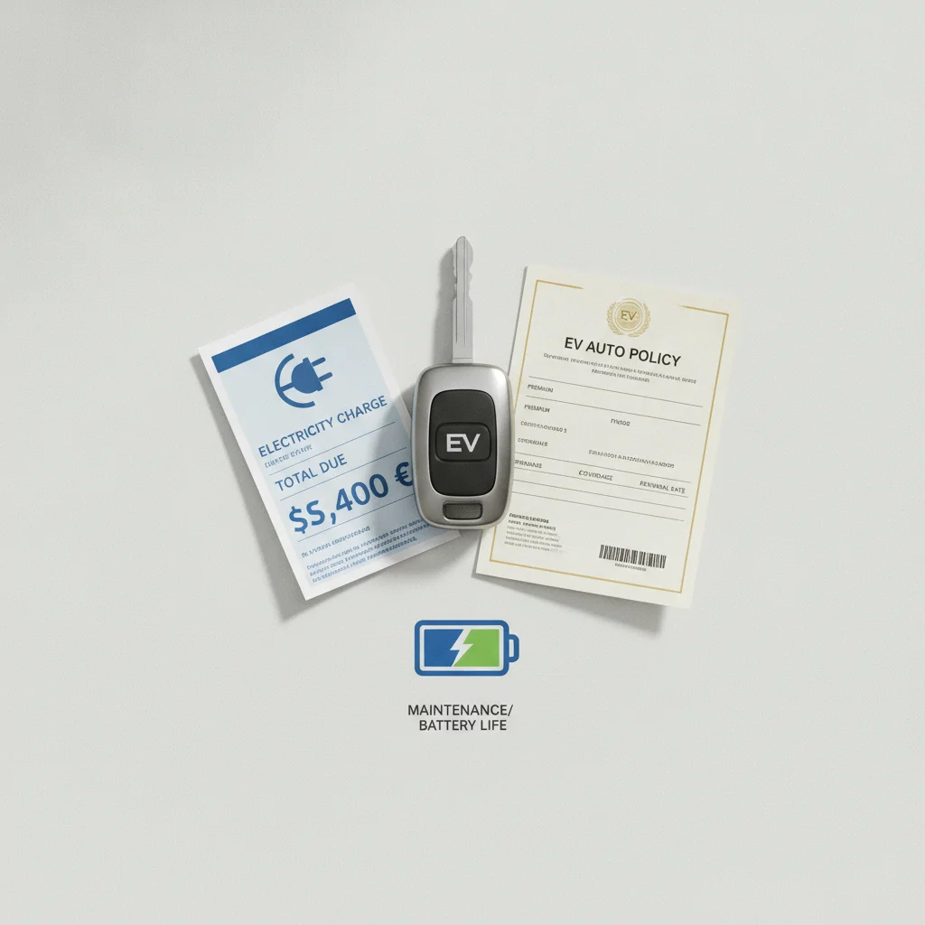 Flat-lay of EV ownership cost elements including car key, electricity bill, insurance document, and battery icon.