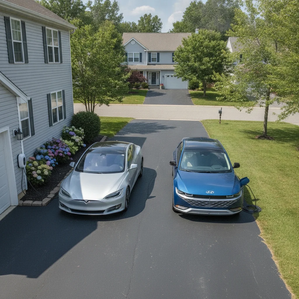 Two electric vehicles parked in a residential driveway, one connected to a Level 2 wall charger