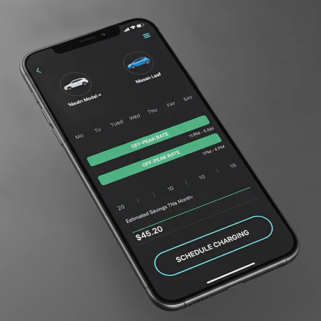 Smartphone screen showing an EV app with scheduled charging windows for two vehicles