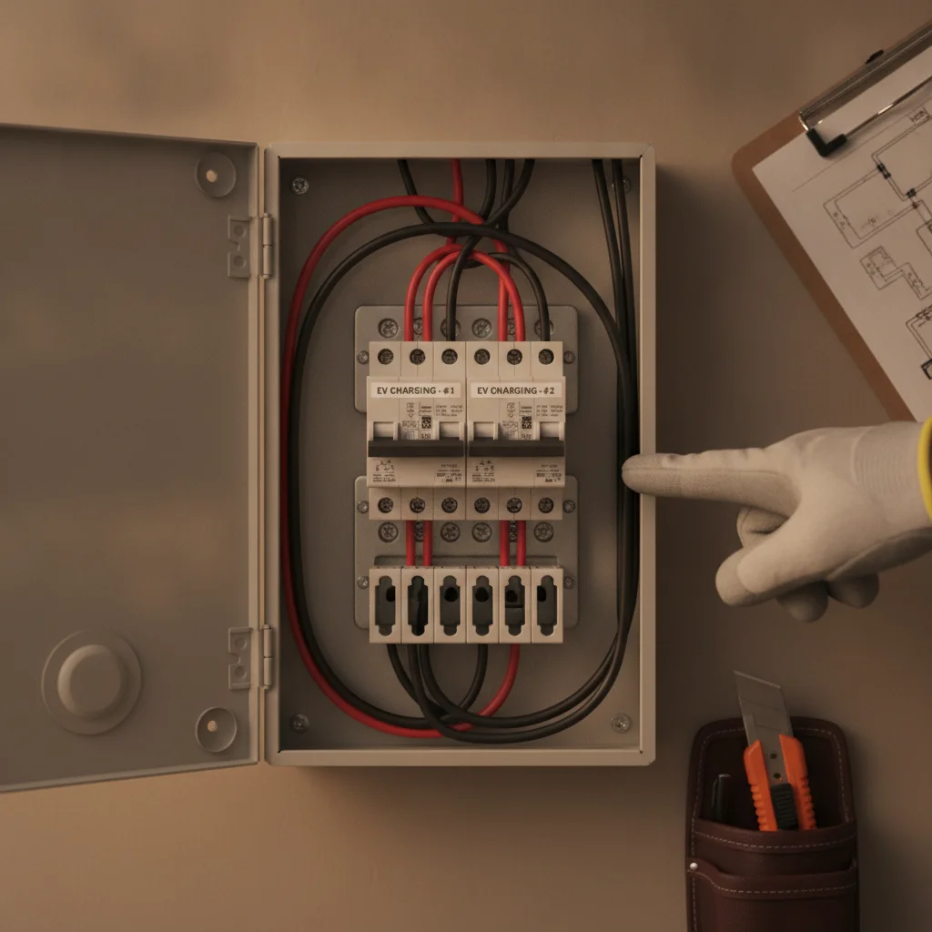 Residential electrical panel with two EV charger circuit breakers installed and labeled
