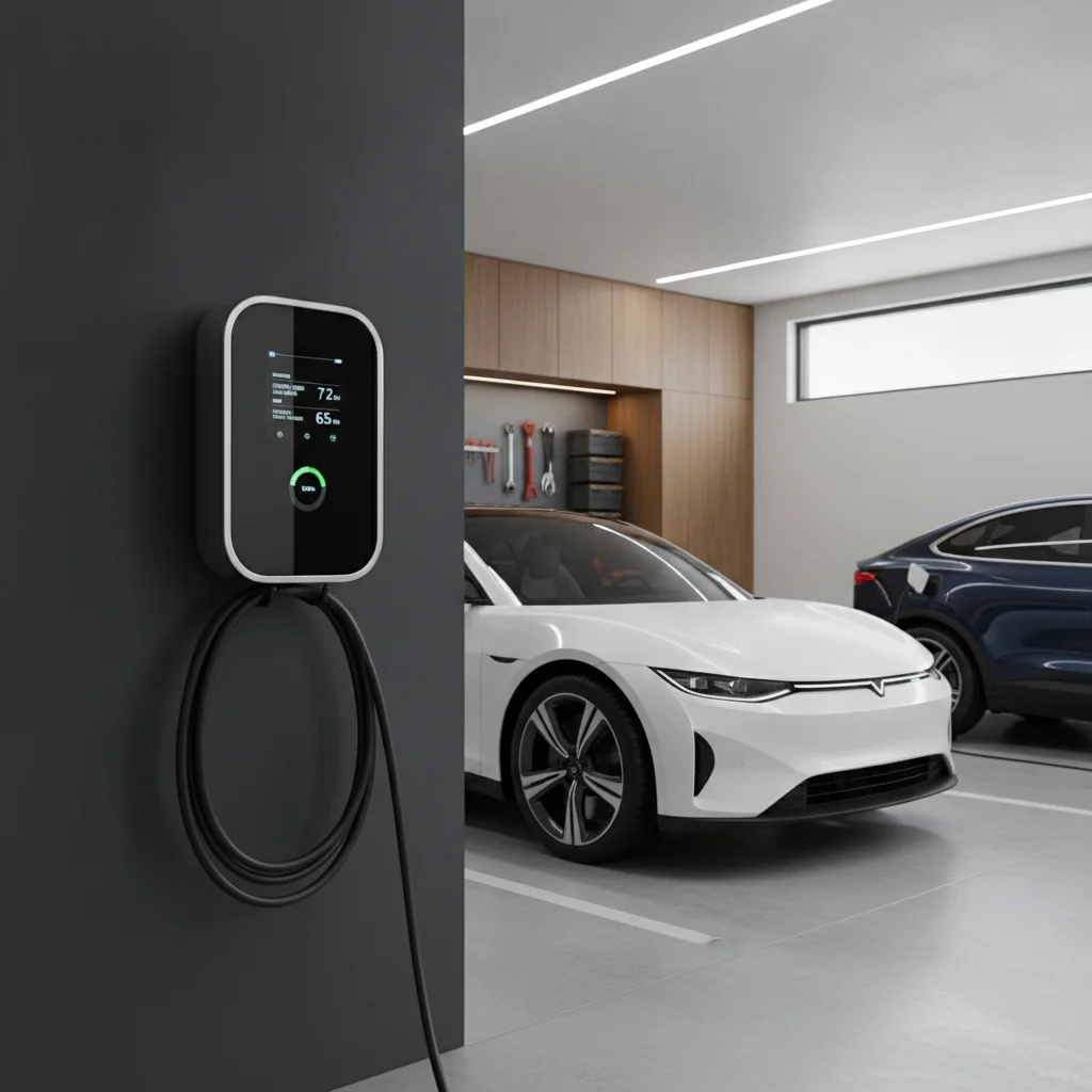 Smart Level 2 EV charger displaying energy monitoring data in a tidy residential garage