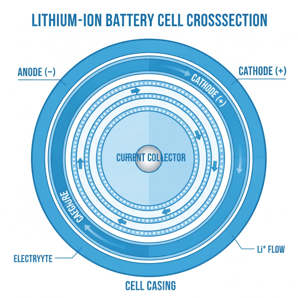 Technical illustration of a lithium-ion battery cell showing cathode, anode, and electrolyte layers