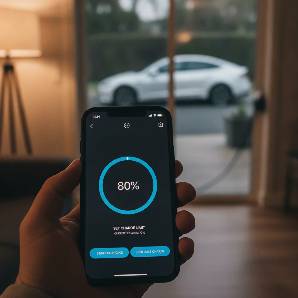 Smartphone showing an EV charging app with charge limit set to 80 percent