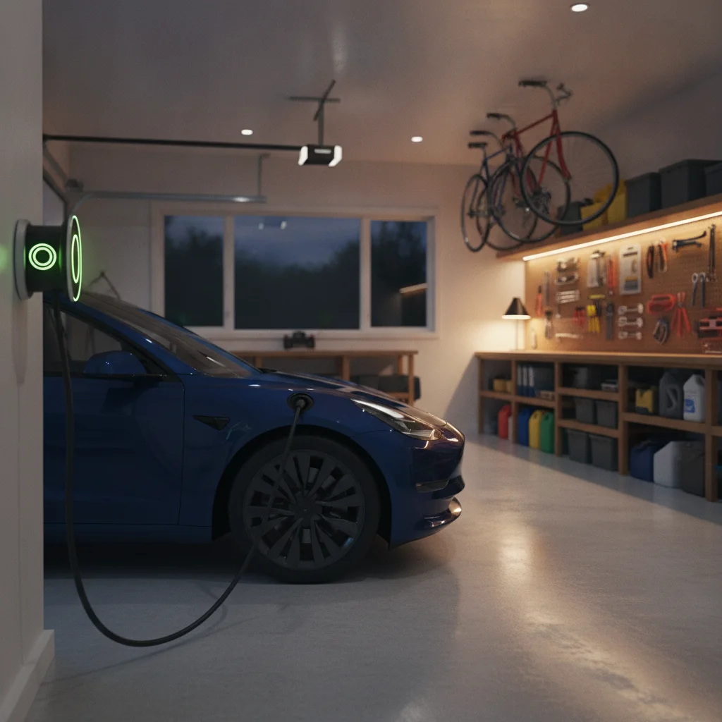 Electric vehicle plugged into a Level 2 home charger in a clean residential garage