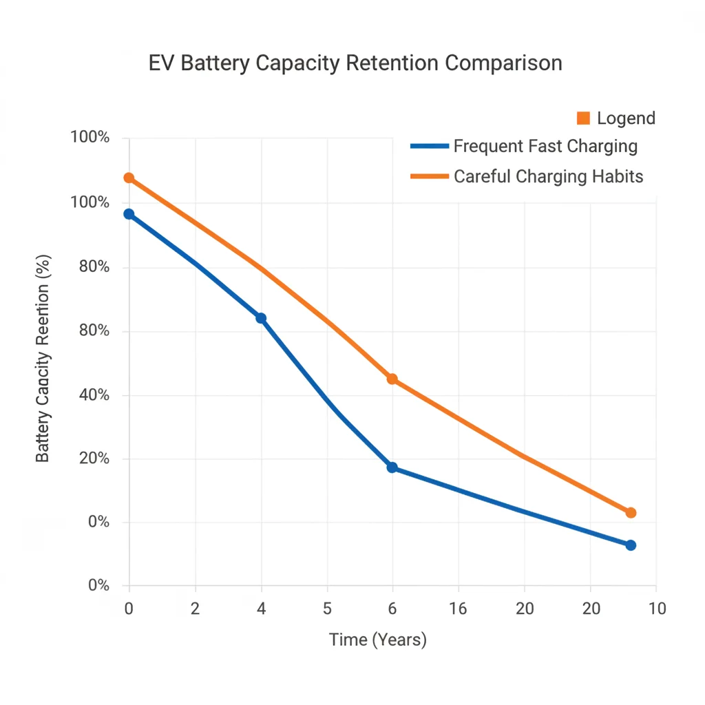 Graph comparing EV battery capacity retention over time with good versus poor charging habits