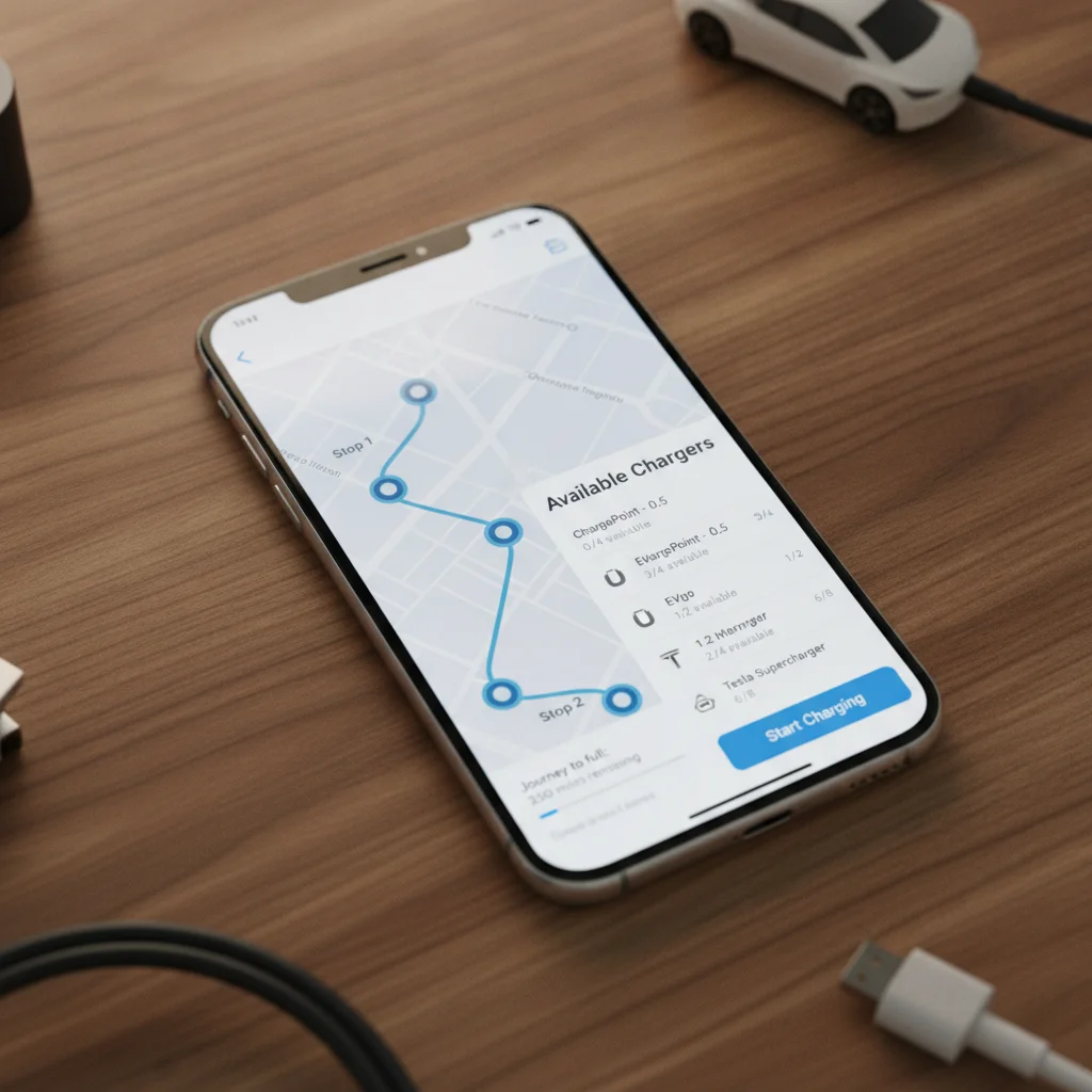 Two EV charging network apps displayed side by side on smartphones showing route maps