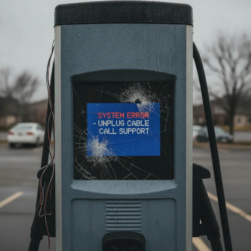 EV charging station showing an out-of-order error message on its screen in a parking lot