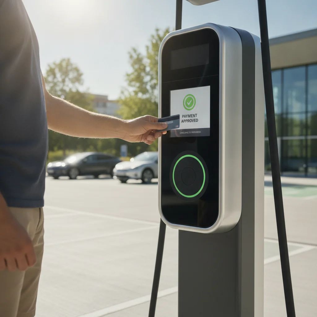 Driver using contactless credit card payment at a public EV DC fast charging station