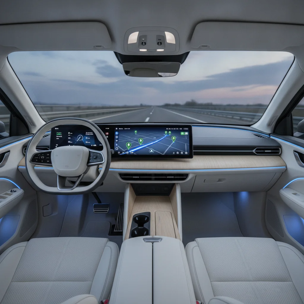 EV dashboard navigation screen showing charging stations plotted along a planned highway route