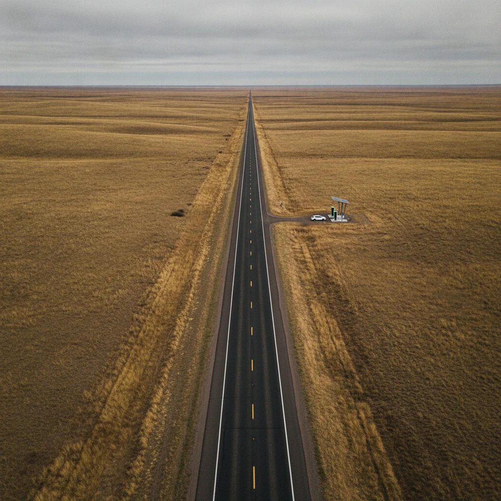 Aerial view of a lone EV charging station along an isolated rural two-lane highway through open plains
