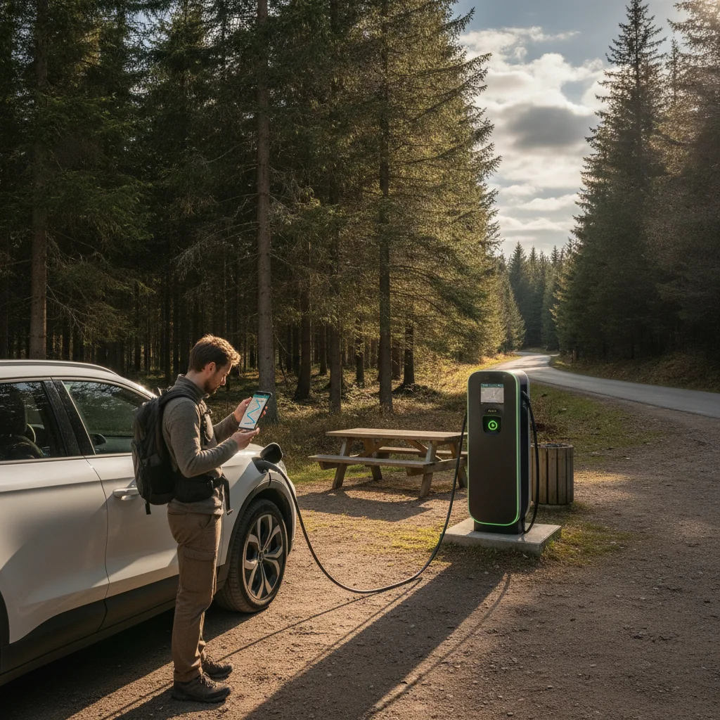 EV driver checking a route planning app on a smartphone while parked at a rural charging station