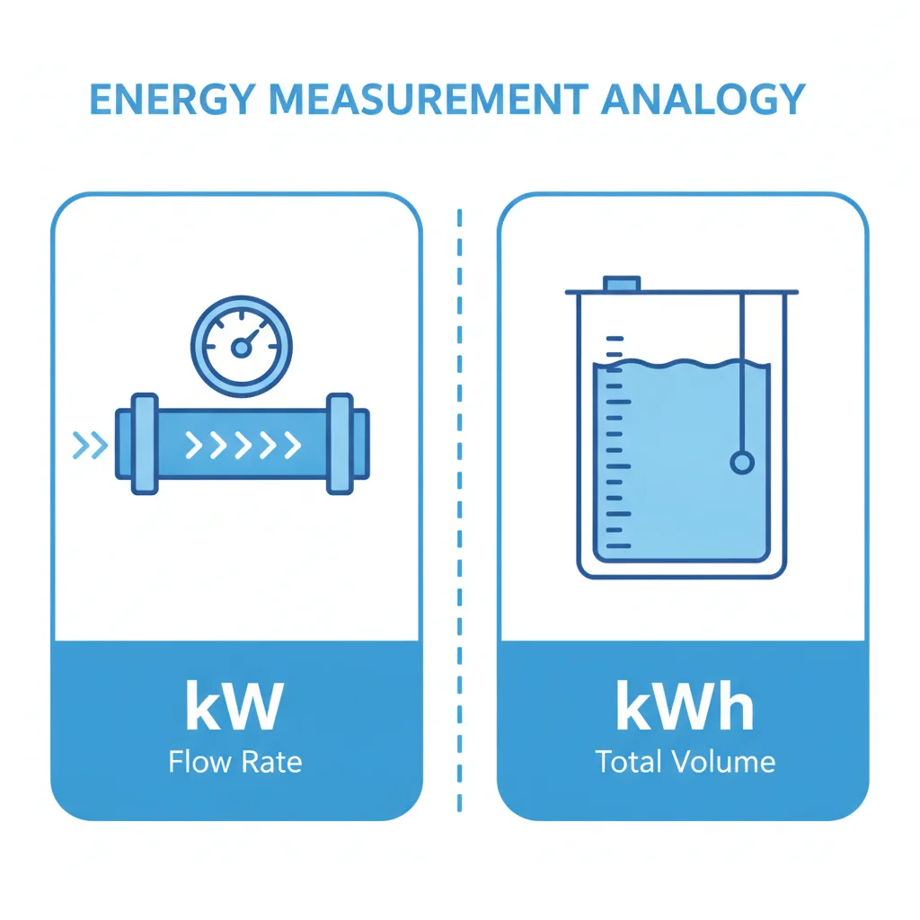 Diagram comparing kilowatts as flow rate and kilowatt-hours as stored volume using water pipe and tank metaphor