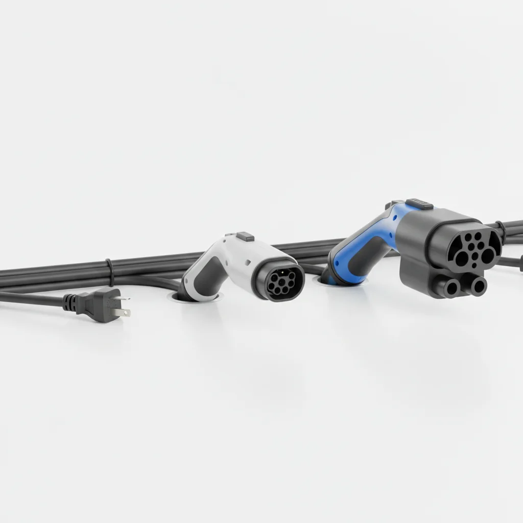 Three EV charging connector types side by side: Level 1 household plug, Level 2 J1772, and DC fast charge CCS connector