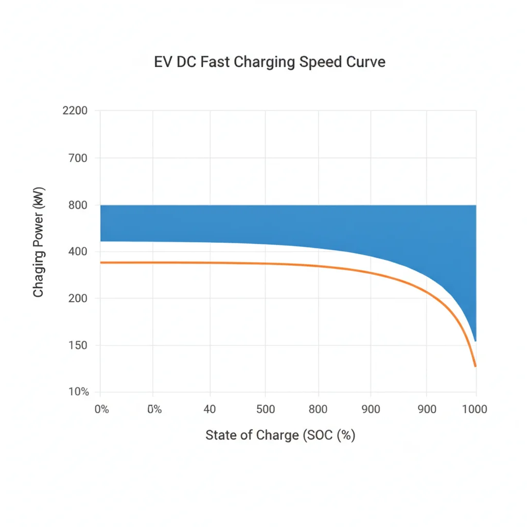 Chart showing EV DC fast charging speed curve tapering significantly above 80 percent state of charge