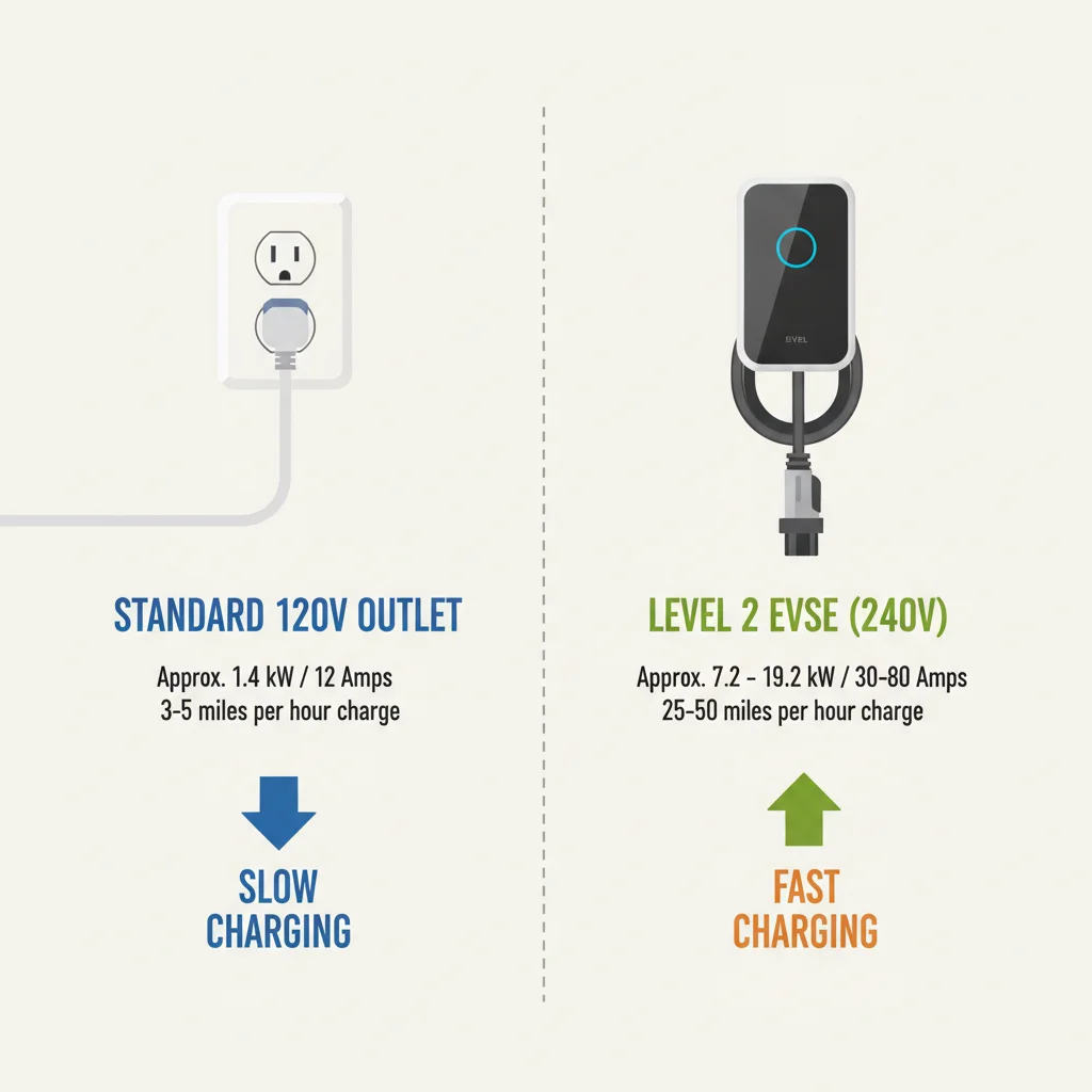 Side-by-side comparison of a Level 1 120V outlet and a Level 2 wall-mounted EV charger.