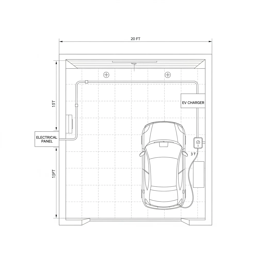 Garage floor plan diagram showing conduit run from electrical panel to EV charger mounting location.