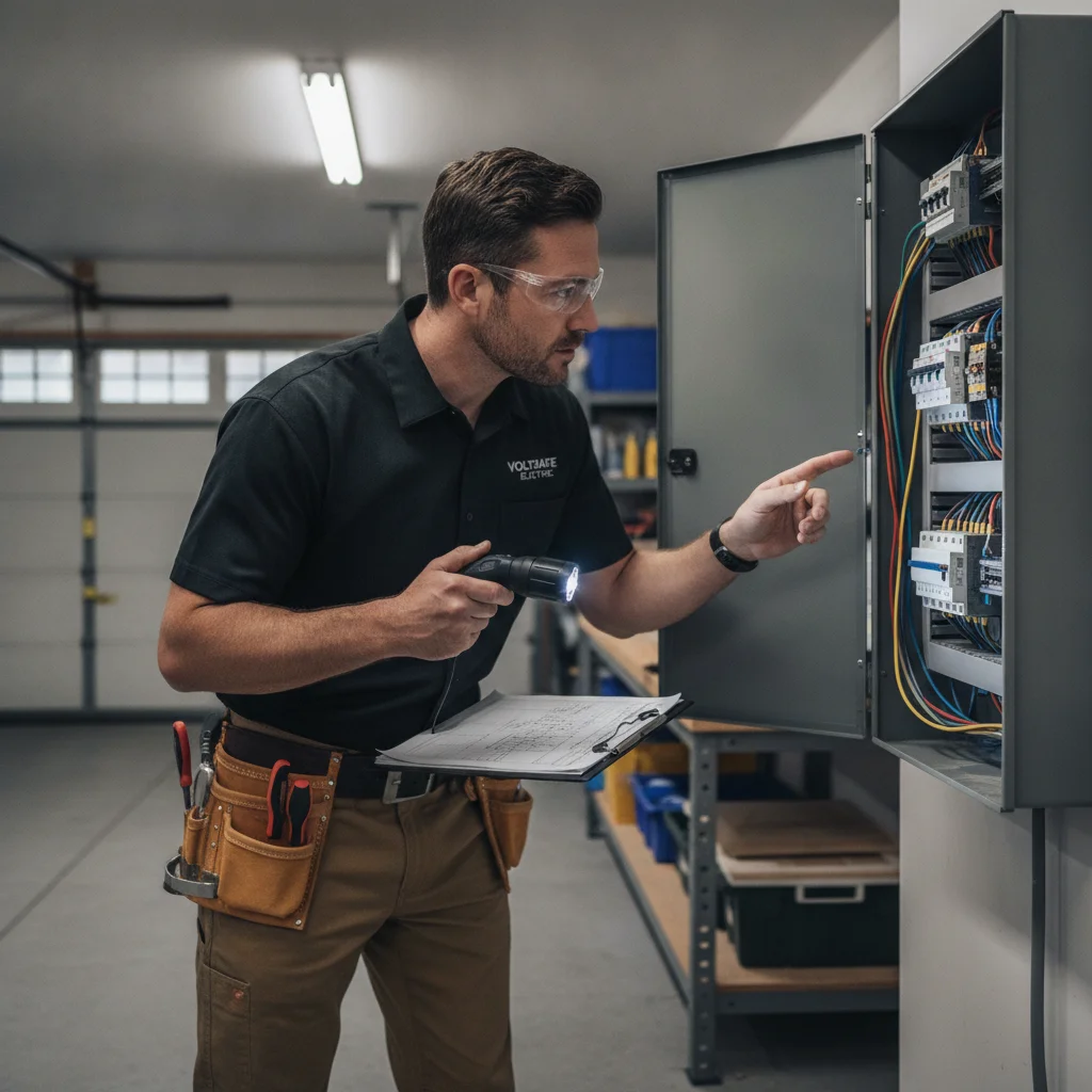 Licensed electrician inspecting a residential electrical panel before EV charger installation.